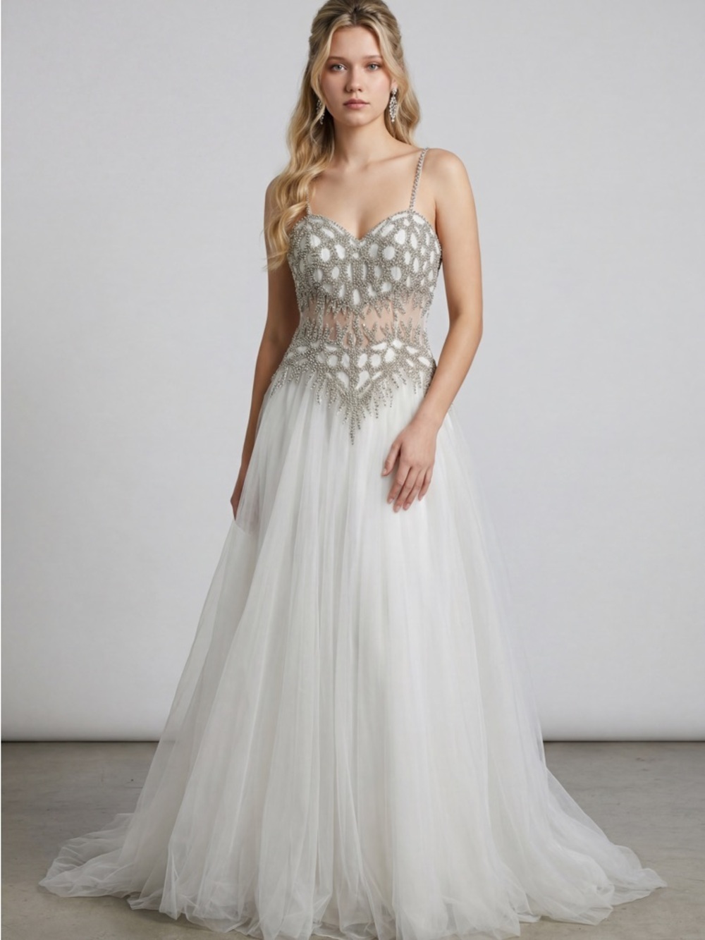 Baluchi White beaded Sweatheart bodice Full Tule formal ball gown wedding dress